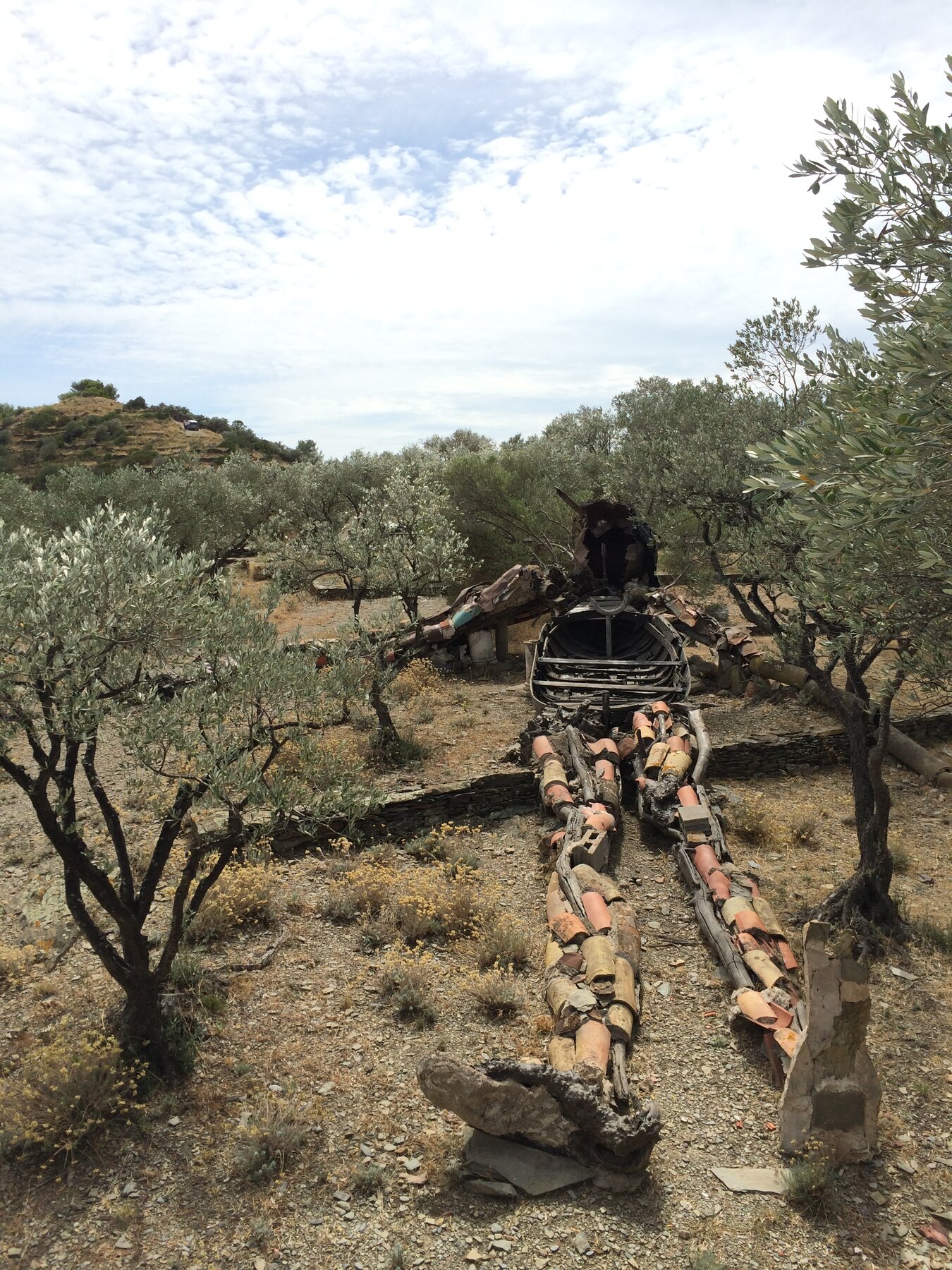 A sculptural wreck of tiles and wood in an olive grove